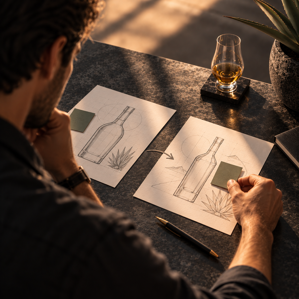 Emprendedor comparando alternativas para encontrar una configuración posible para su idea de bebida.